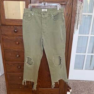 We The Free Olive Green Pants button fly holy knees jeans